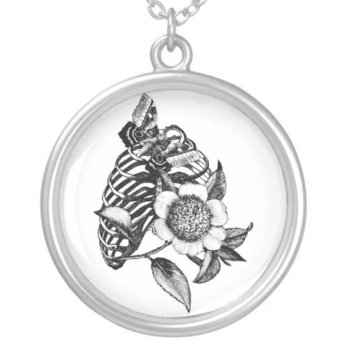 Rib Cage Butterfly Flower Human Anatomy art Silver Plated Necklace