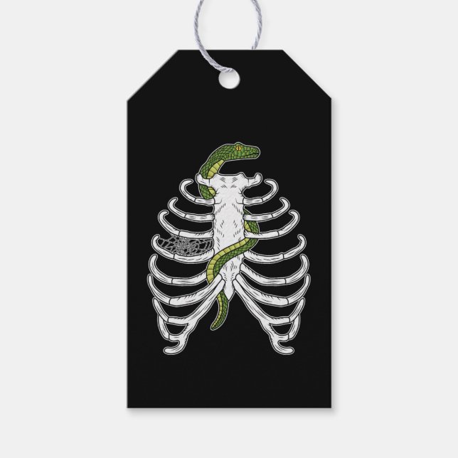 Rib Cage Skeleton Bones With Green Snake Halloween Gift Tags (Front)