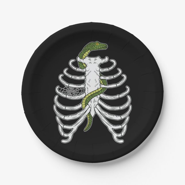 Rib Cage Skeleton Bones With Green Snake Halloween Paper Plates (Front)