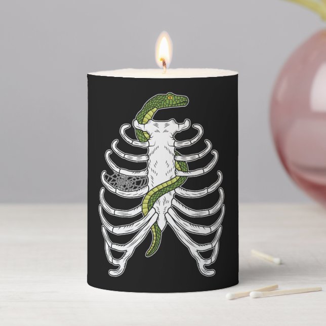 Rib Cage Skeleton Bones With Green Snake Halloween Pillar Candle (In Situ)