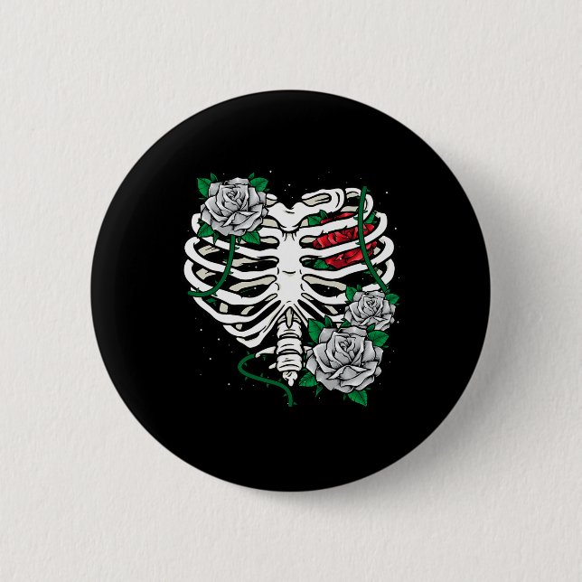 Rib Cage With Flowers Halloween Xray Skeleton Cand Button (Front)
