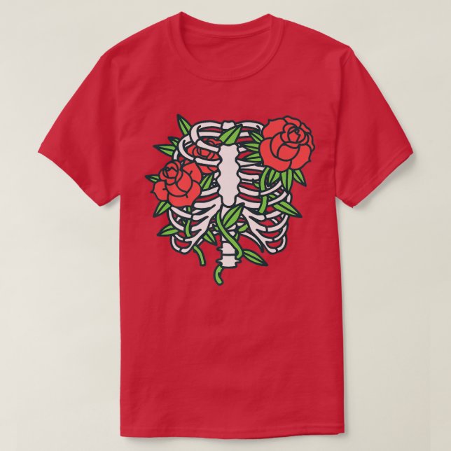 Rib Cage with Red Roses for Halloween Costume  T-Shirt (Design Front)