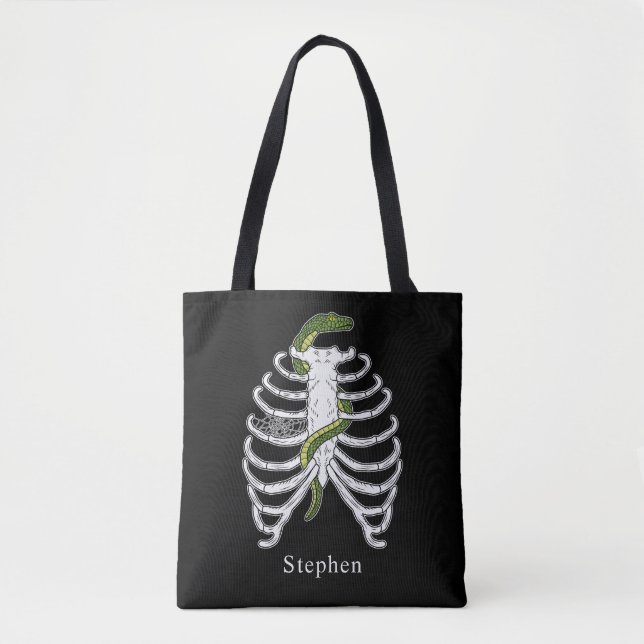 Rib Cage With Snake And Spiderweb Halloween Black Tote Bag (Front)