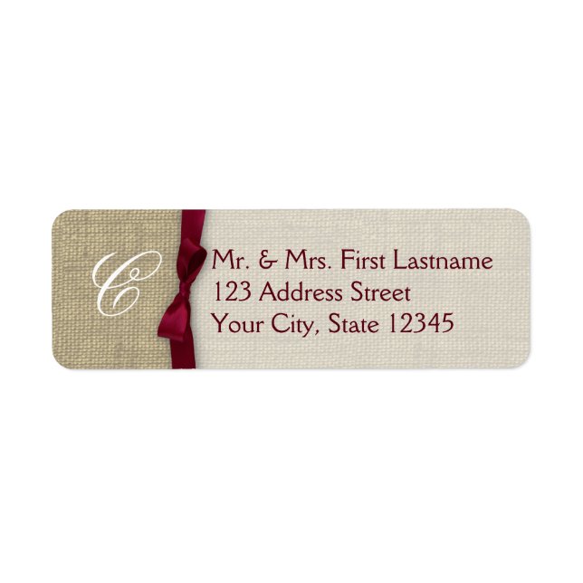 Ribbon and Burlap Cranberry Monogram Label (Front)