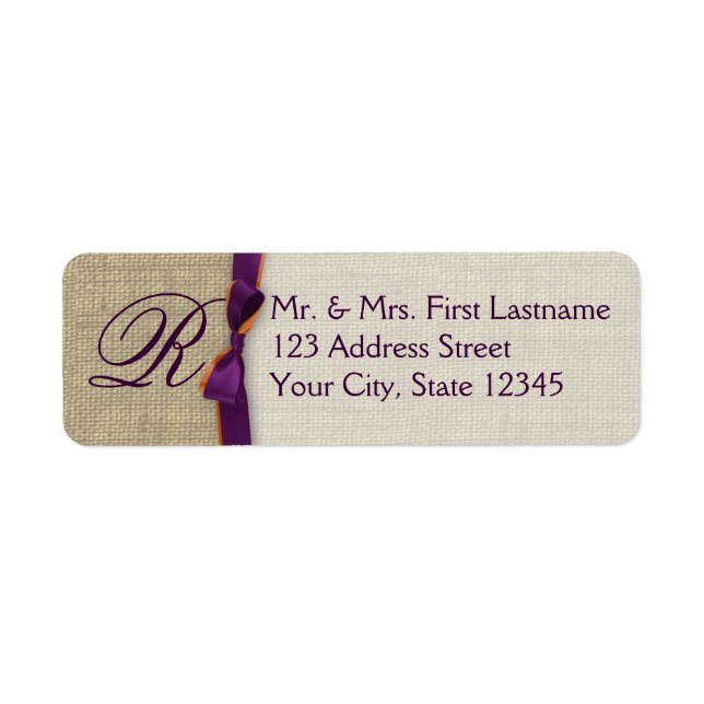 Ribbon and Burlap Purple and Orange Monogram Label (Front)