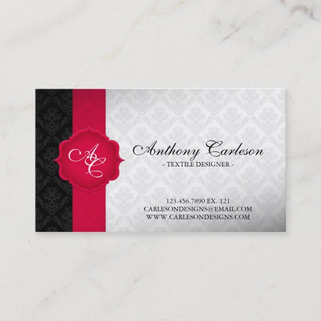 Ribbon and Seal Damask - Red Business Card (Front)