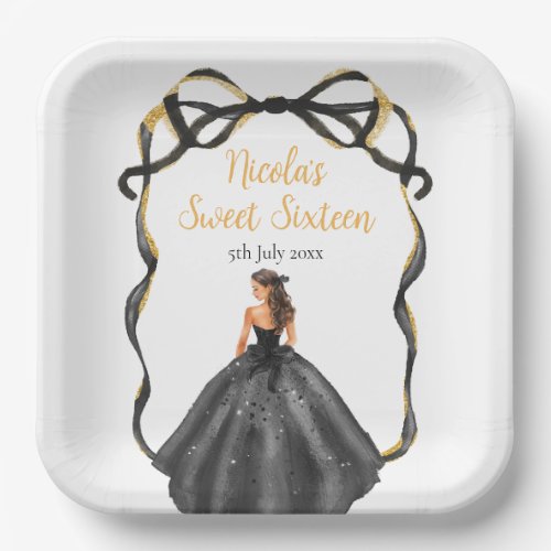 Ribbon Black Brown Hair Princess Sweet Sixteen Paper Plates