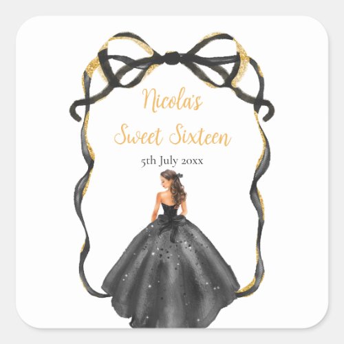 Ribbon Black Brown Hair Princess Sweet Sixteen Square Sticker