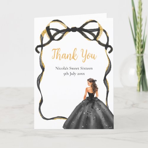 Ribbon Black Brown Hair Princess Sweet Sixteen Thank You Card