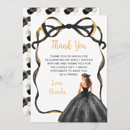 Ribbon Black Brown Hair Princess Sweet Sixteen Thank You Card