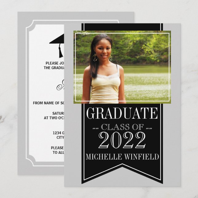Ribbon Black School Colors Photo Graduation Invitation (Front/Back)