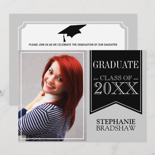 Ribbon Black School Colors Photo Graduation Invitation (Front/Back)