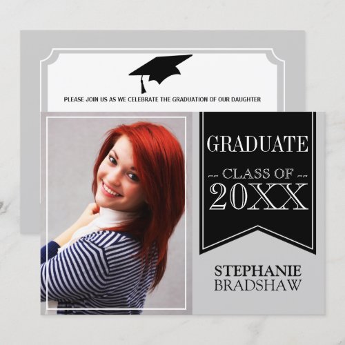 Ribbon Black School Colors Photo Graduation Personalized Invitation