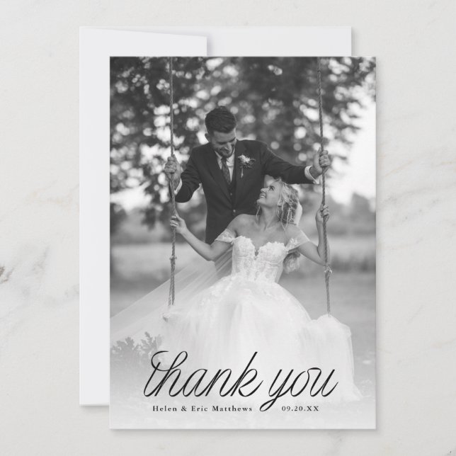Ribbon Black Script Minimalist Wedding Photo  Thank You Card (Front)
