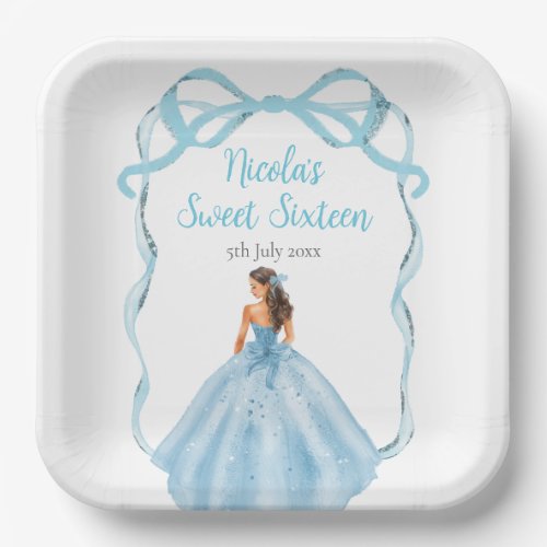 Ribbon Blue Brown Hair Princess Sweet Sixteen Paper Plates