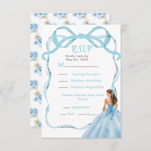 Ribbon Blue Brown Hair Princess Sweet Sixteen RSVP Card