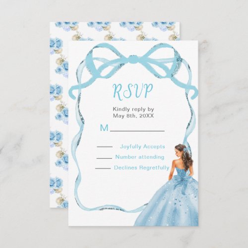 Ribbon Blue Brown Hair Princess Sweet Sixteen RSVP Card