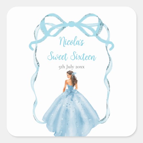 Ribbon Blue Brown Hair Princess Sweet Sixteen Square Sticker