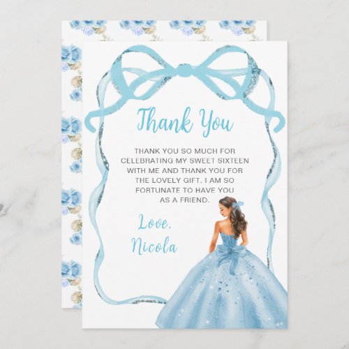 Ribbon Blue Brown Hair Princess Sweet Sixteen Thank You Card