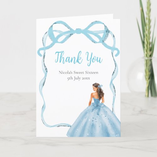 Ribbon Blue Brown Hair Princess Sweet Sixteen Thank You Card