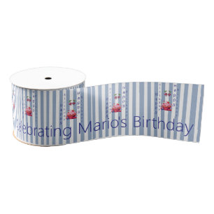Ribbon Blue & White Stripe Happy Birthday
