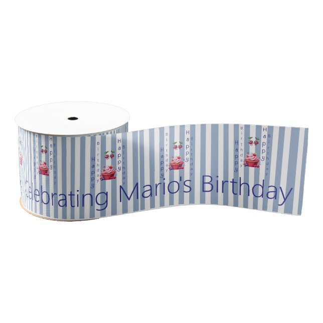 Ribbon Blue & White Stripe Happy Birthday  (Spool)