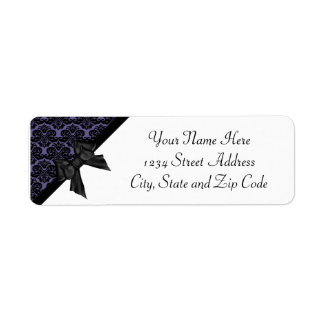 Ribbon Bow Black and Purple Damask Label