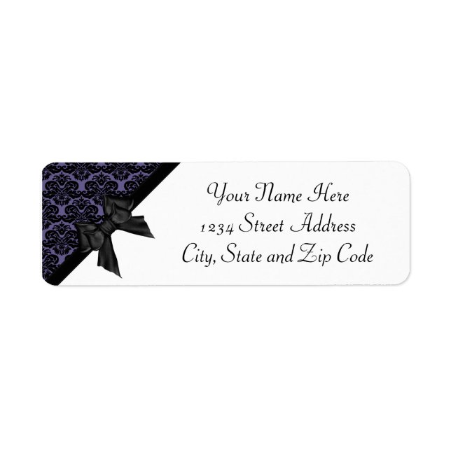 Ribbon Bow Black and Purple Damask Label (Front)