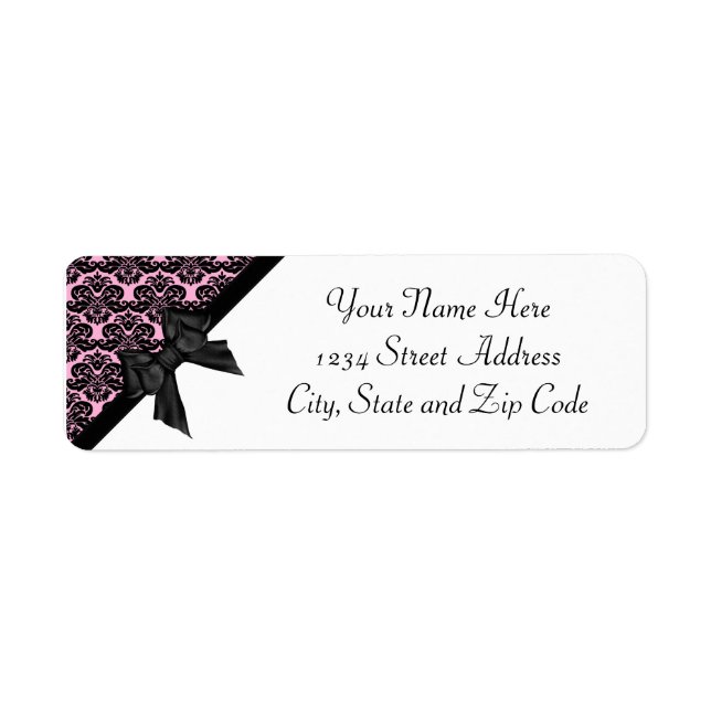 Ribbon Bow Black Light Pink Damask Label (Front)