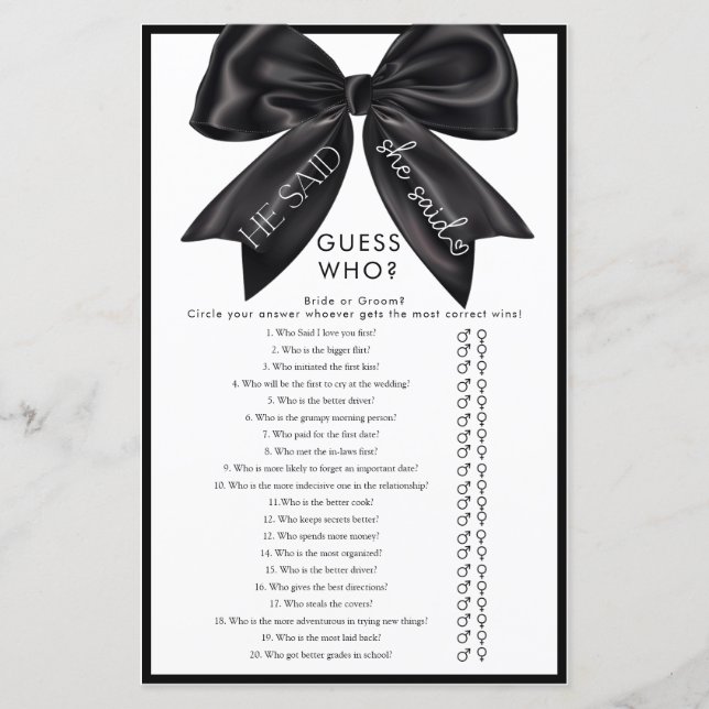 Ribbon Bow Bridal Shower Game (Front)