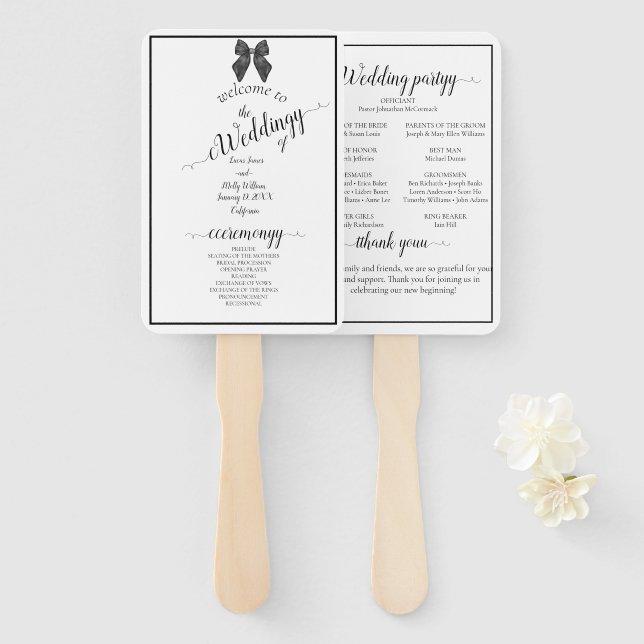 Ribbon Bow Classical Black & White Wedding Hand Fan (Front and Back)