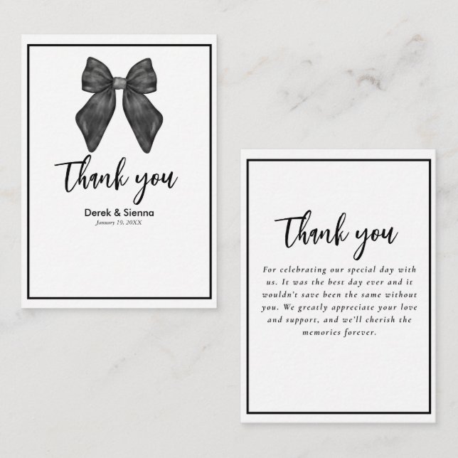 Ribbon Bow Classical Black & White Wedding Note Card (Front/Back)