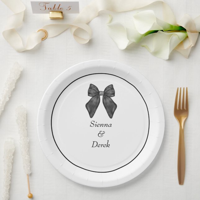 Ribbon Bow Classical Black & White Wedding Paper Plates (Wedding)