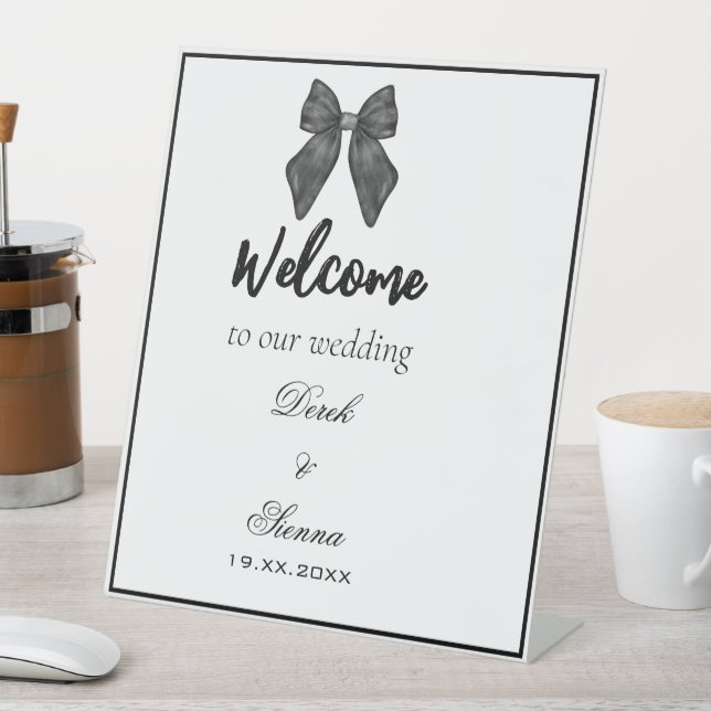 Ribbon Bow Classical Black & White Wedding Pedestal Sign (In SItu)
