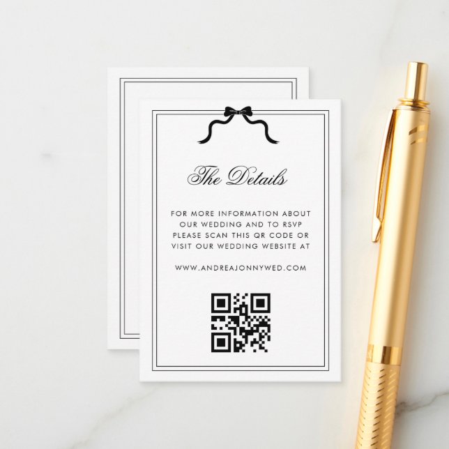 Ribbon Bow Crest Monogram QR Code Wedding Details Enclosure Card (Front/Back In Situ)