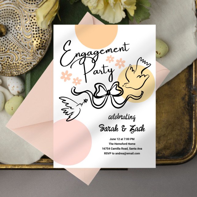Ribbon Bow Doodle Engagement Party Invitation (Creator Uploaded)