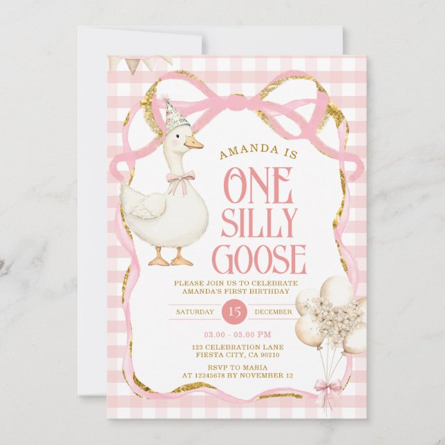  Ribbon Bow One Silly Goose 1st Birthday Invitation (Front)