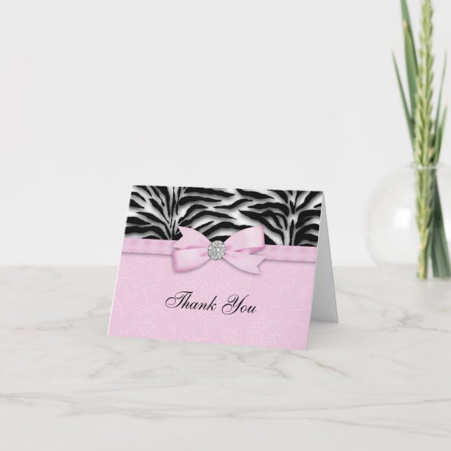 Ribbon Bow Pink Zebra Thank You Cards (Front)