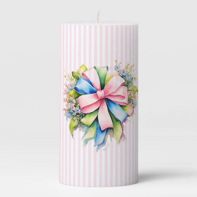 Ribbon Bow Print 3" x 6" Unscented Pillar Candle (Front)