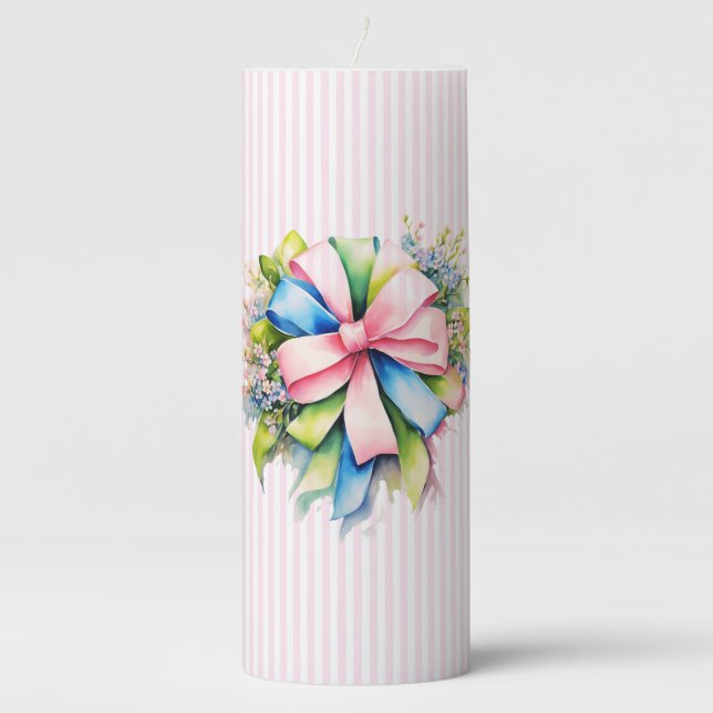 Ribbon Bow Print 3" x 8" Unscented Pillar Candle (Front)