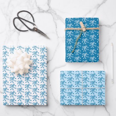 Ribbon Bows Doodle CHRISTMAS HANUKKAH Holiday Blue Wrapping Paper Sheets