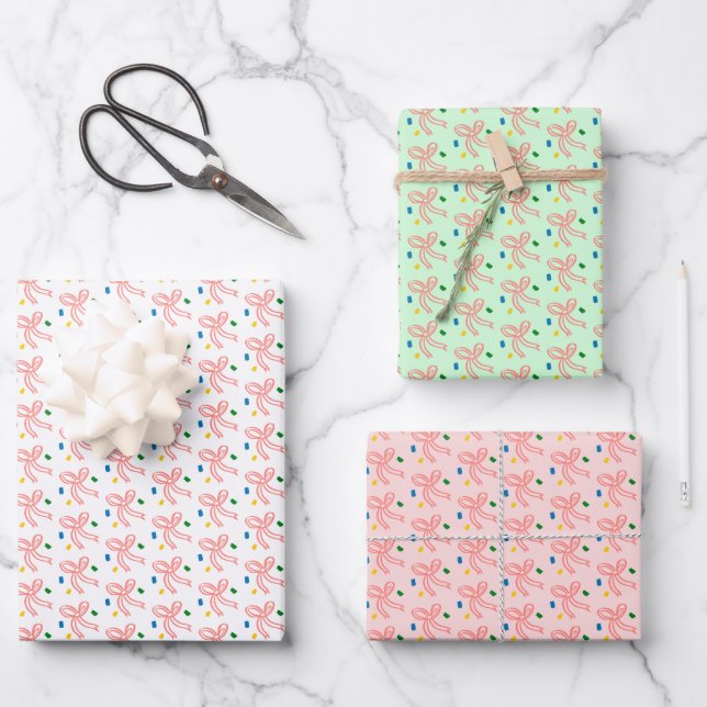 Ribbon Bows Doodle CHRISTMAS Holiday Pink Red Gree Wrapping Paper Sheets (Front)