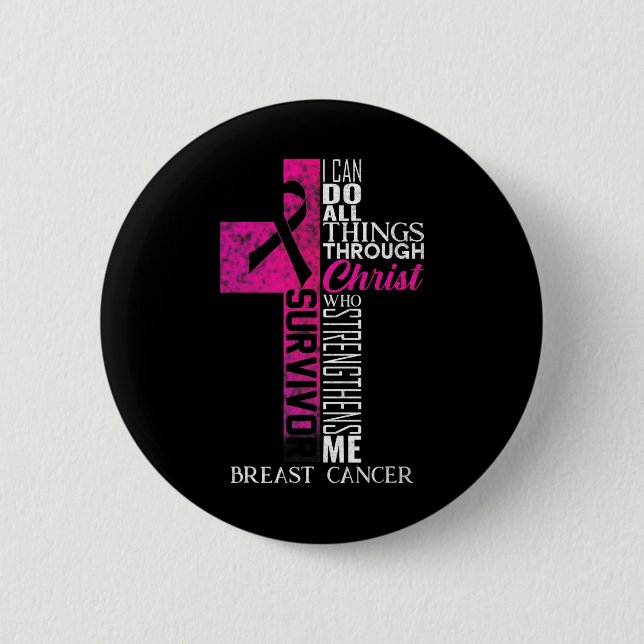 Ribbon Breast Cancer Survivor Christian Cross  Button (Front)