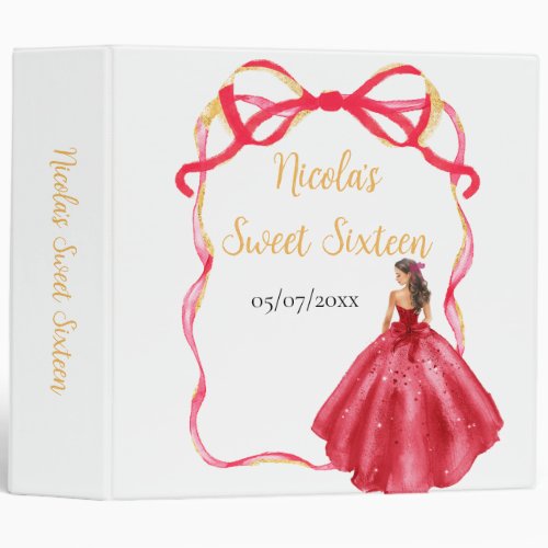 Ribbon Bright Red Gold Princess Sweet Sixteen 3 Ring Binder