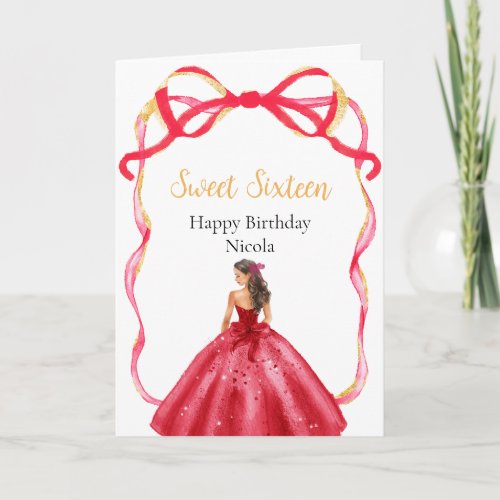Ribbon Bright Red Gold Princess Sweet Sixteen Card