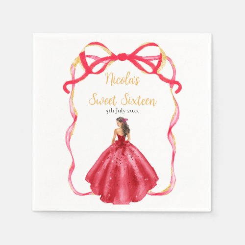 Ribbon Bright Red Gold Princess Sweet Sixteen Napkins
