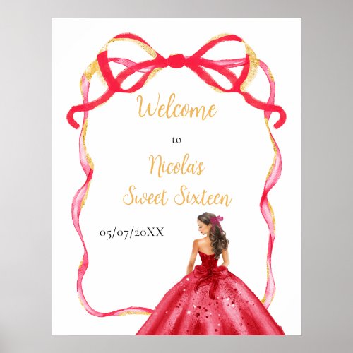 Ribbon Bright Red Gold Princess Sweet Sixteen Poster