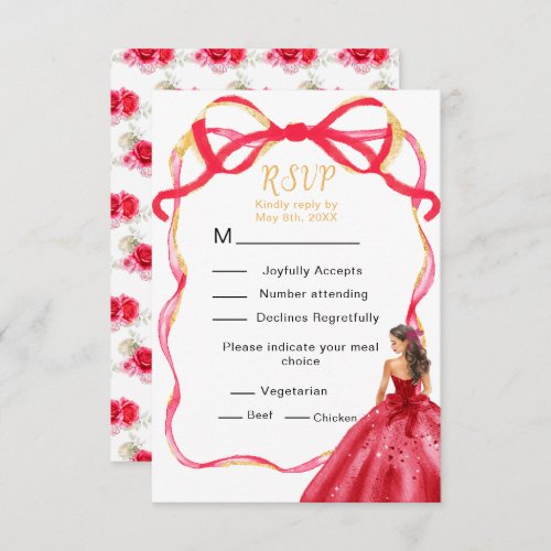 Ribbon Bright Red Gold Princess Sweet Sixteen RSVP Card
