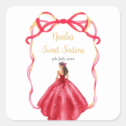 Ribbon Bright Red Gold Princess Sweet Sixteen Square Sticker