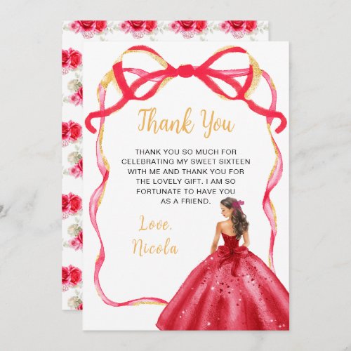 Ribbon Bright Red Gold Princess Sweet Sixteen Thank You Card